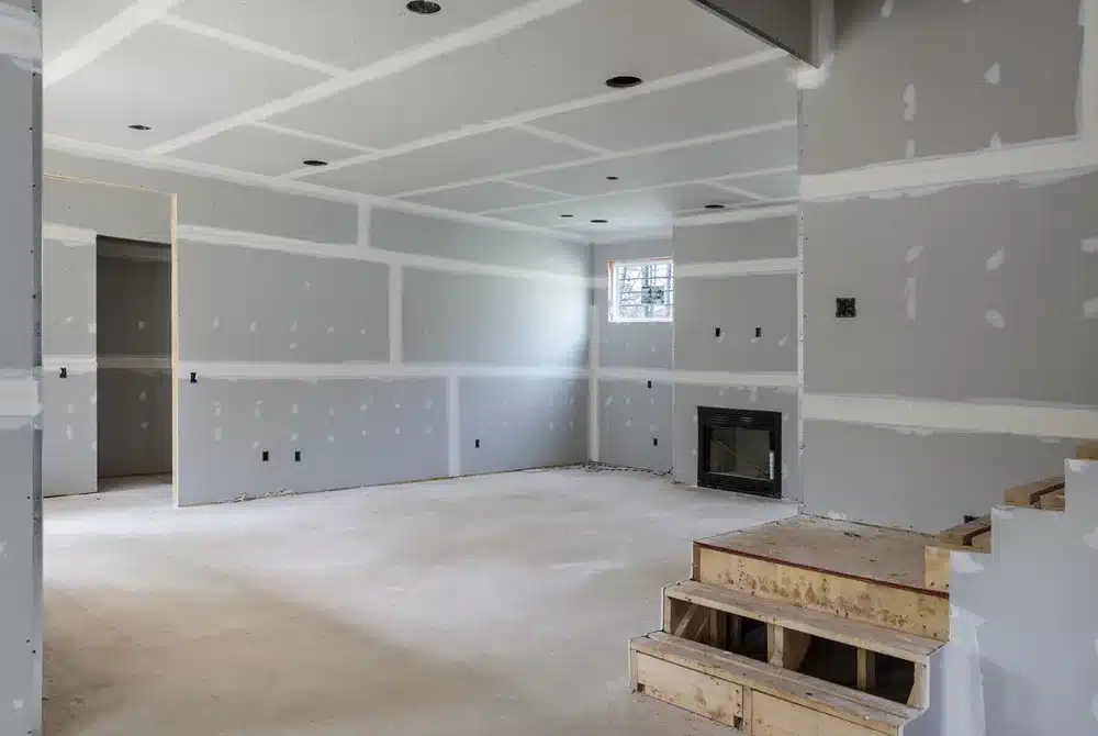 basement remodel with fire place and bare walls