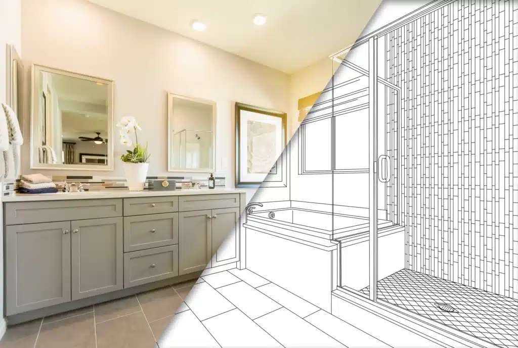 bathroom redesign image fades to blueprint