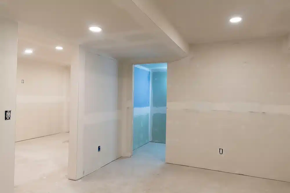 basement remodel with lights wired and bare walls