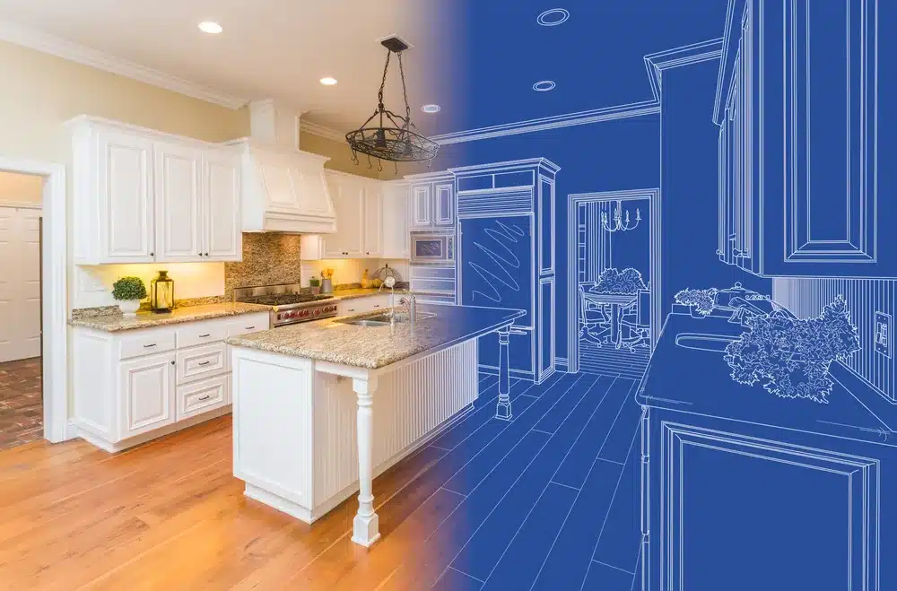 kitchen remodel image fades to a blueprint