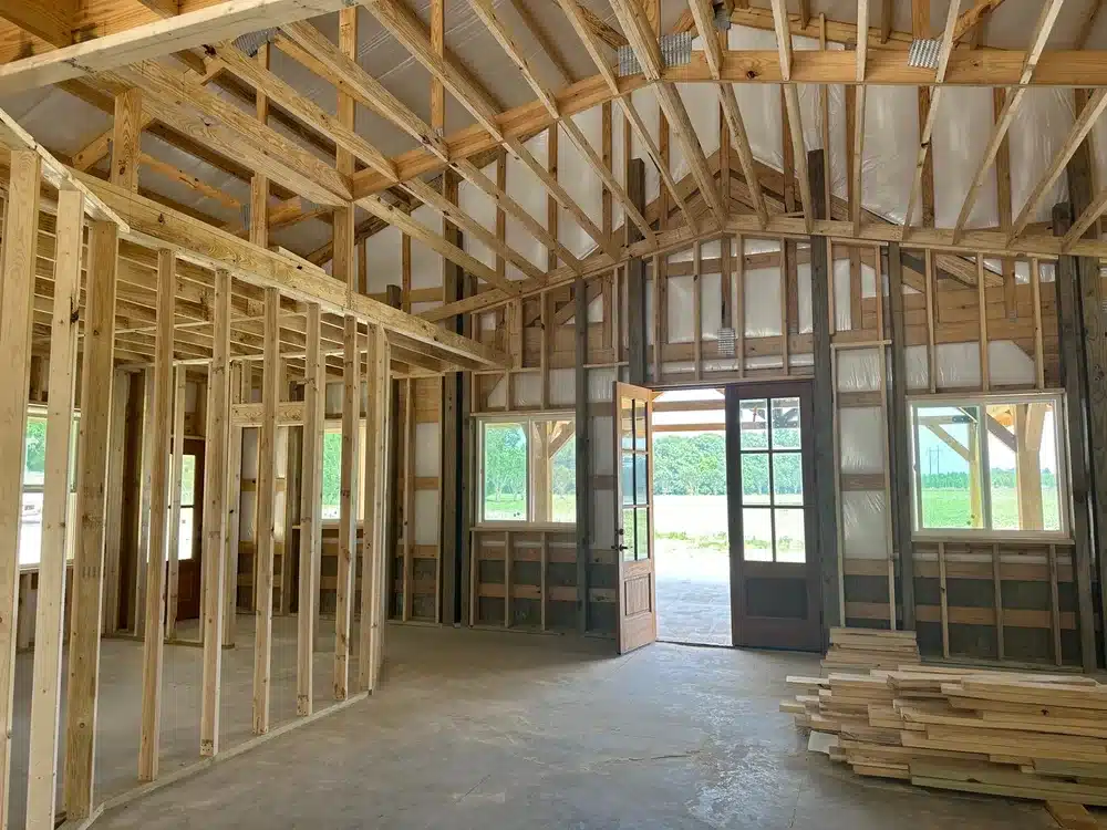 inside a pole barn being built