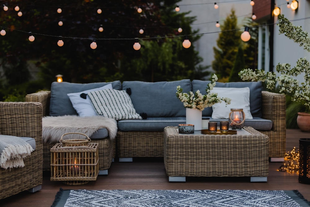night time patio with twinkle lights
