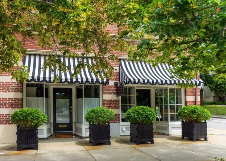 Charming Storefront Featuring Striped Awnings and Green Shrubs, Newton, Massachusetts, USA