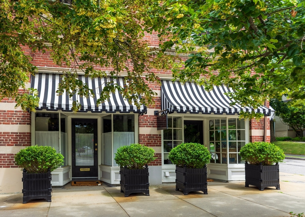 Charming Storefront Featuring Striped Awnings and Green Shrubs, Newton, Massachusetts, USA