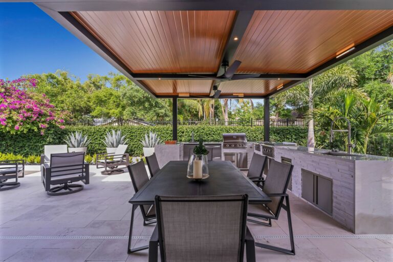 FL patio style black r shade wood grain panels fans led lights cantilever post kitchen pool table 2